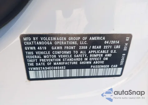 2014 Volkswagen Passat 1.8T Se from USA, damaged, VIN 1VWBS7A34EC093452